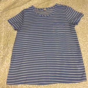 Baby blue and white striped short sleeved shirt.